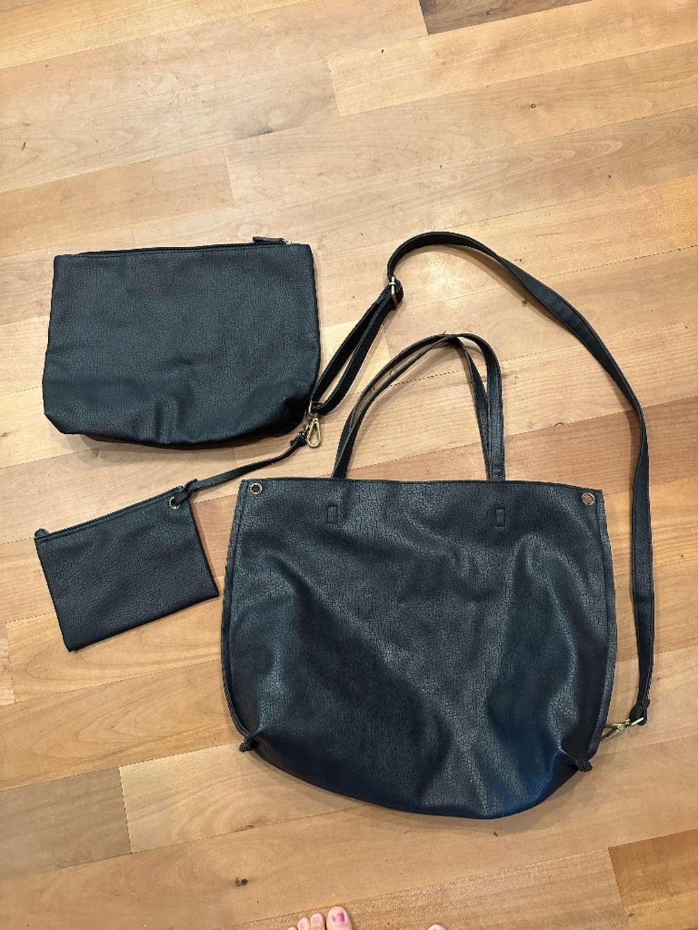 Free People Black Vegan Leather 3-Piece Tote Bag Set with Crossbody Strap, Match
